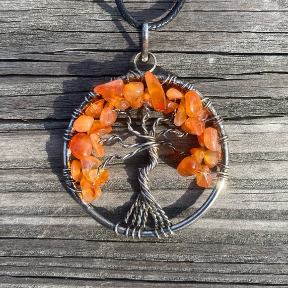 Tree of Life Necklace Genuine Carnelian sterling Silver wire wrap pendant - Picture 2 of 7